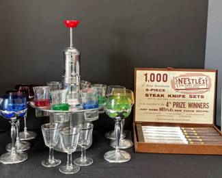 Vintage Frosted Libby Carosoul Tom Collins Glasses,circlewear Bar Set, Chrome Ribbed Glass Liquor