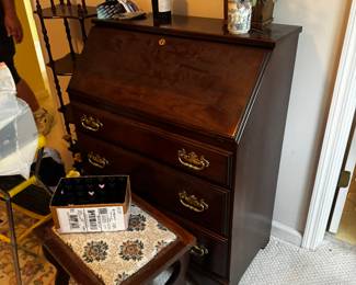 Drop front desk; stool; knick knack display shelf