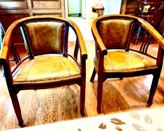 Handsome pair of leather/wood chairs
