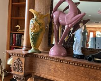 Spectacular Haeger Gazelle Antelope piece, sharing space with a Roseville peony vase