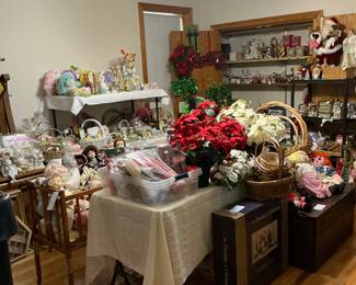 This is the holiday/kids room. There is Easter Christmas Halloween Mardi Gras St. Patrick’s Day. There were a baby dolls from box collectibles porcelain dollsfrom the 20s. Also, you will find vintage toys.