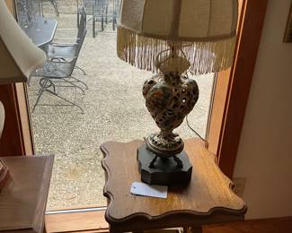 a beautiful Cappo de Monte lamp which shade on a barley twist oak parlor table