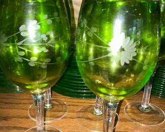 Beautiful green etched wine goblet