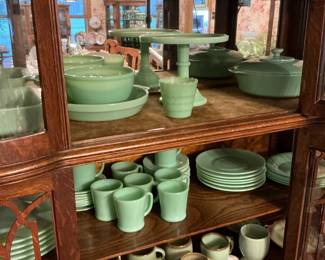 There are some beautiful jadeite in this cabinet, some of the Jadite  pieces all reproductions from 2000