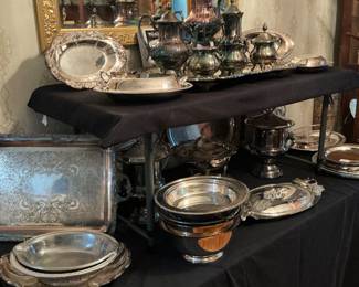A very beautiful collection of chafing  dishes, tea sets, serving platters trays, all silver plate