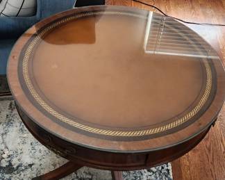 Antique Pedestal Drum Table with Leather Top and Glass Insert