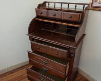 #13	Wood Roll-Top Desk w/Cubbies w/4 Drawers w/pull-out Tray - 26x17x44	 $75.00 
