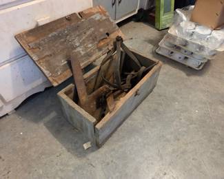#110	Wooden Tool Box w/Vintage Plows and Tools - 17.5x9x8	 $40.00 
