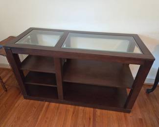 #8	Laminate Display/Bookshelf w/4 shelves w/glass inserts on Top - 50x20x29	 $65.00 
