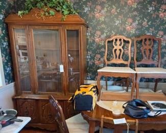 #1	Wood China Cabinet - 2 pcs - Lighted - 3 Glass Door & 2 Glass Shelves - 49x17x82	 $175.00                 #2	Wood Dining Table w/1 leaf & 5 matching chairs ( 6th Chair Slightly Different) 1 chair as is stain on Seat - 60-72x40x31	 $225.00 

