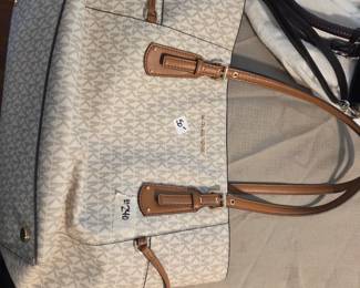 #240	Michael Kors Cream/Tan Leather Handle Shoulder Bag 	 $50.00 
