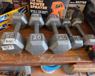 #150	Set of 5 Hand Held Metal Weights 3-20pound, 2 10 pound 	 $40.00 
