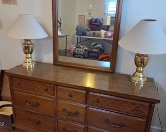 #55	Bassett Wood Dresser w/9 Drawers & Mirror - (as is finish and some drawers) - 60x18x31  Mirror - 30x40	 $125.00 
