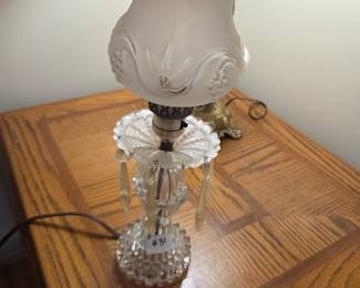 #31	Small Glass Lamp w/ Prisms & Frosted Globe  - 16" Tall	 $20.00 

