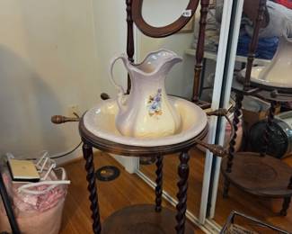 #48	Wood Barley Twist Leg Wash Stand w/Pitcher & Basin & Mirror w/towel rack on Sides - 24x15x51	 $75.00 
