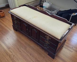 #38	Lane Love Cedar Chest w/upholstered Top and Faux Drawers on Front - (as is stain on beach) - 49x18x21	 $125.00 
