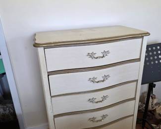 #39	French Provencial Chest of 5 drawers - (as is finish spot on top) - 34x18.5x48	 $75.00 
