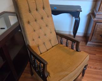 #14	Lenney's Wood Frame & Arm Chair w/Gold Button Back and Seat Cushion (as is stains) - 45" Tall	 $40.00 
