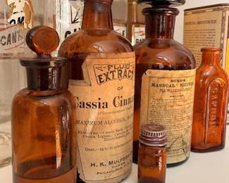 Amber apothecary bottles with original labels - Essence of Peppermint, Tincture of Cassia, vintage pharmacy jars