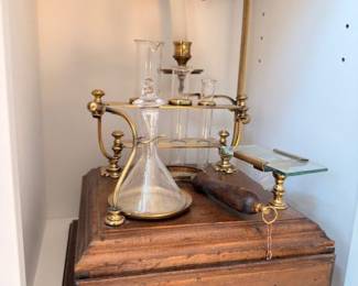 Antique brass scientific apparatus on wood base, vintage laboratory equipment, steampunk decor