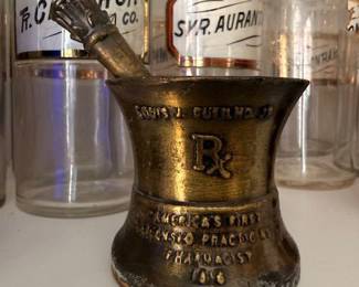 Bronze mortar and pestle with Rx pharmacy inscription, vintage apothecary advertising piece