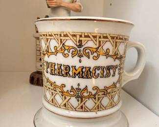 Antique porcelain pharmacist mug with gold gilt decoration, vintage apothecary pharmacy mug