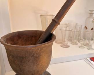 Large wooden mortar and pestle; rustic apothecary tool for grinding herbs and spices, decorative pharmacy piece.