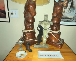 PAIR OF CARVED WOOD HORSE HEAD LAMPS