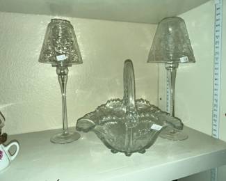 GLASS BASKET & PAIR OF LAMPS