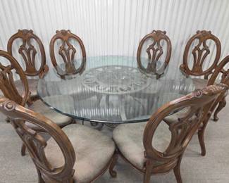 Thomasville Wrought Iron and Marble Glass Top Dining Table W 8 Chairs including 2 Captain Chairs