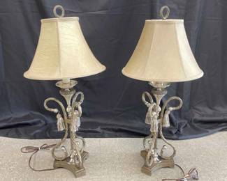 Pair Of Pewter Colored Metal Lamps With Yellow Shades