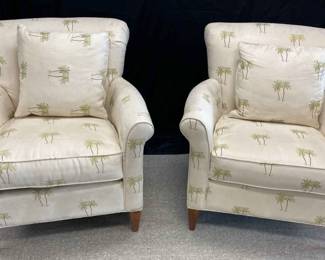 Pair Of Braxton Culler Chairs Cream Colored Palm Tree Pattern Suede Like Cloth