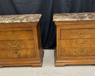 Pair Of Thomasville Elyse Bedroom Wooden Marble Topped 2 Drawer Side Table Chests