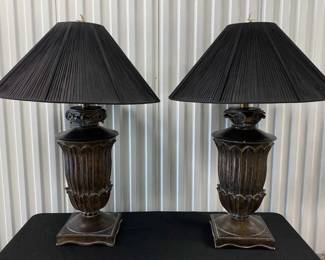Pair Of Neoclassical Style Table Lamps W Pleated Black Shades