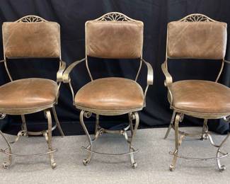 Dante Three Brown And Pewter Colored metal Stools With Removable Back Cushions Leather