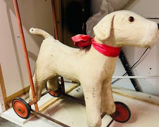Highly Collectible Rare Antique Children’s Metal and Straw Stuffed Terrier Push Toy