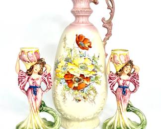 Vintage Art Nouveau Capodimonte Set - Floral Pitcher & Lady Candle Stick Holders 