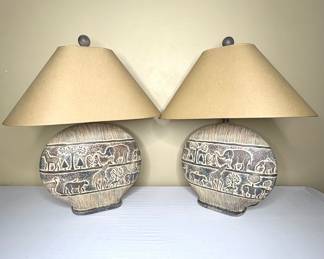 Set of 2 Vintage Ceramic Safari Scene Lamps