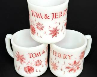 Set of 3 Tom & Jerry Fire-King Milk Glass Punch Bowl Mugs