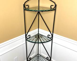 Black Iron 3 Tiered Glass Top Corner Shelf 