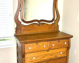 Vintage Tiger Oak Dresser with Mirror and Glass Knobs 