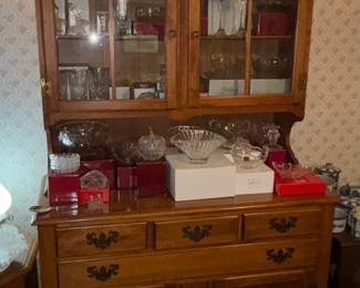 Step back hutch with glass front storage and lower drawers /cupboard 
