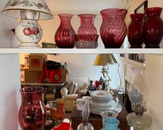 Oil lamps, red glass vases and more 