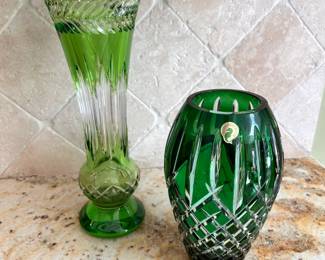 Waterford green cut to clear vases