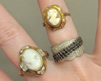 Antique cameo gold diamond rings, black and white diamond ring