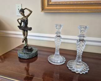 Bronze ballerina statue signed by Fayral, Waterford crystal candlesticks