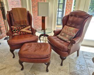 Drexel Leather Wing-back Chairs and Ottoman