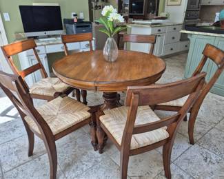 Wood Kitchen Table and Six Rush Seat Chairs (Expandable) 45"-65" Round by 30" H