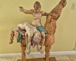 Carved Wood Sculpture of Amazon Warrior on Horseback 38" W x 49" H by P. Leventhal (Local Artist)
