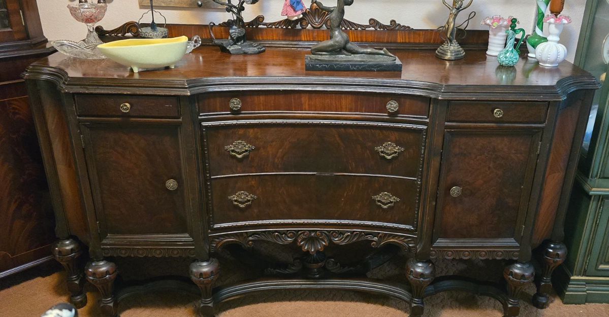 Here we go! Get comfy - lots of Cool items to check out!! This is a Flamed Mahogany Antique Sideboard.